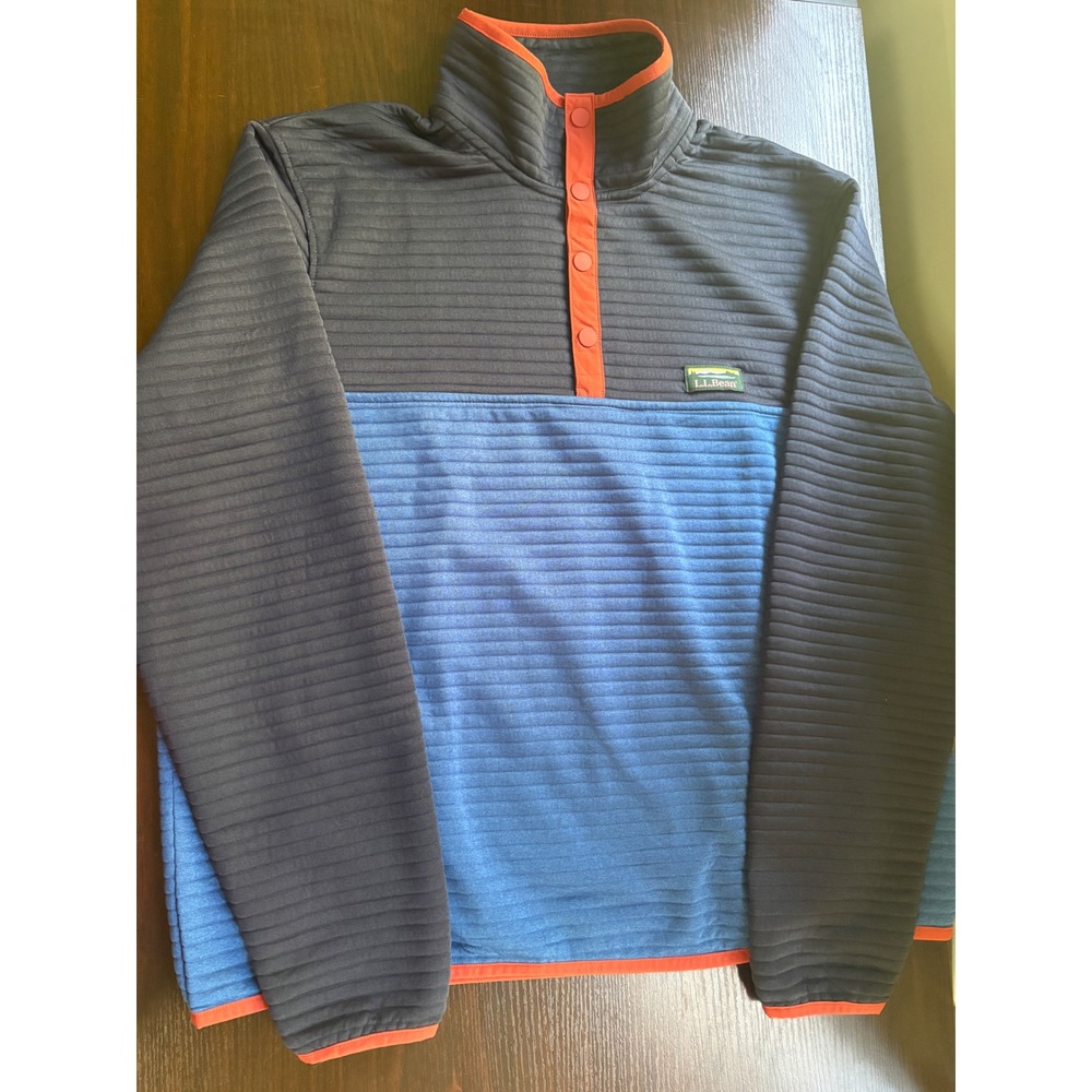 L.L. Bean Mens Large Quilted Snap Pullover Blue Black Orange Fleece Gorpcore